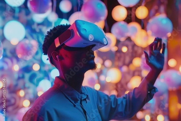 Fototapeta A content creator using a virtual reality headset to explore a digital environment, gathering inspiration for immersive content experiences.