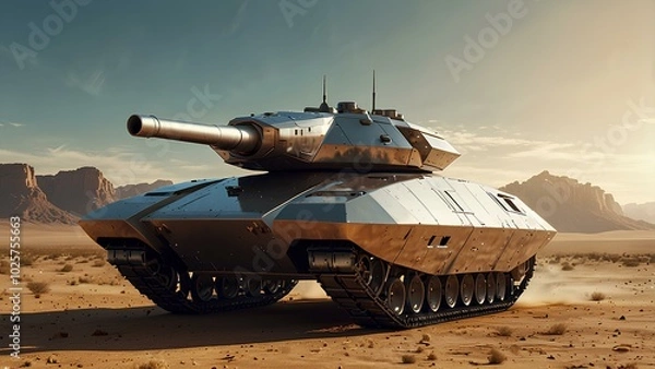 Obraz Futuristic Hover Tank Gliding Over a Vast Desert Landscape at Sunset