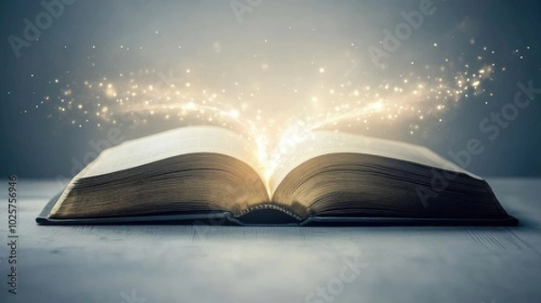 Fototapeta Glowing light floats out of an open book, symbolizing the future of knowledge through technology, on a clean white background.