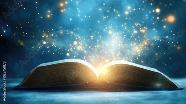 Fototapeta Open book with radiant light floating above, symbolizing the fusion of futuristic technology and education, set against a clean background.