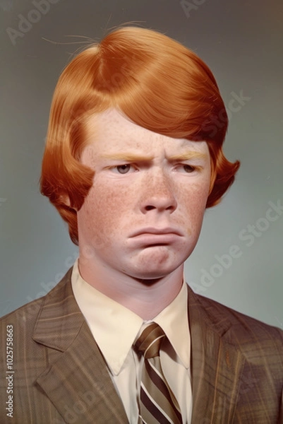 Fototapeta people of ai // yearbook school photo from 1970s of red haired boy making a sad face, freckles, suit and tie, photorealistic
