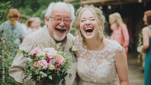 Obraz A joyful wedding celebration featuring a laughing bride and her smiling grandfather, surrounded by greenery and floral decorations.