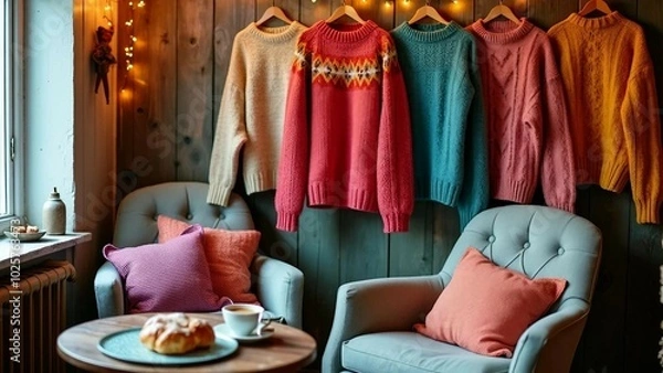 Fototapeta Cozy sweaters hanging in a rustic room with armchairs and warm lighting
