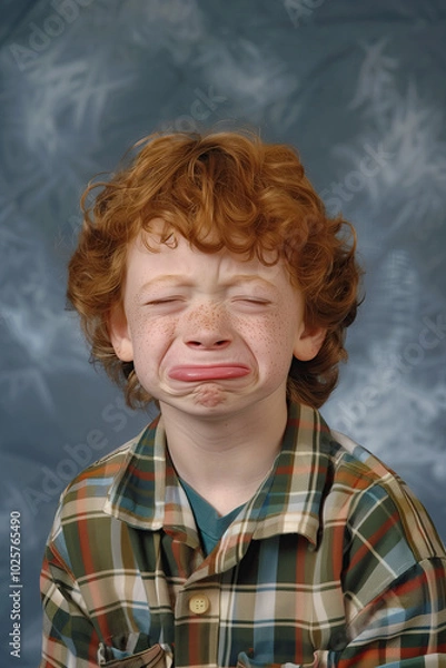 Fototapeta people of ai // yearbook school photo of ginger haired boy making a crying face, photorealistic