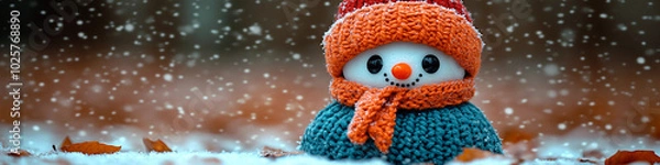 Fototapeta A snowman with a red hat and blue scarf is sitting on a snowy ground. The snowman has a smile on its face, giving the image a cheerful and playful mood