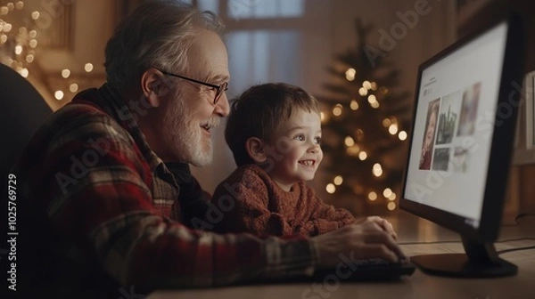 Obraz A man and a boy are sitting in front of a computer screen