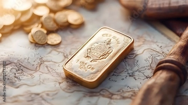 Fototapeta A gold ingot rests on a vintage map, surrounded by scattered coins, evoking themes of wealth, exploration, and adventure.