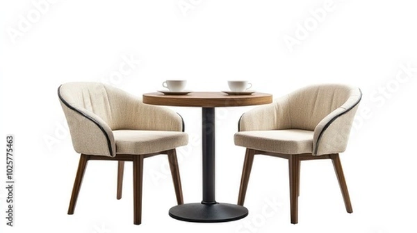 Fototapeta Cafe seating area with a round table, two chairs, and a cup of coffee, isolated on a white background.