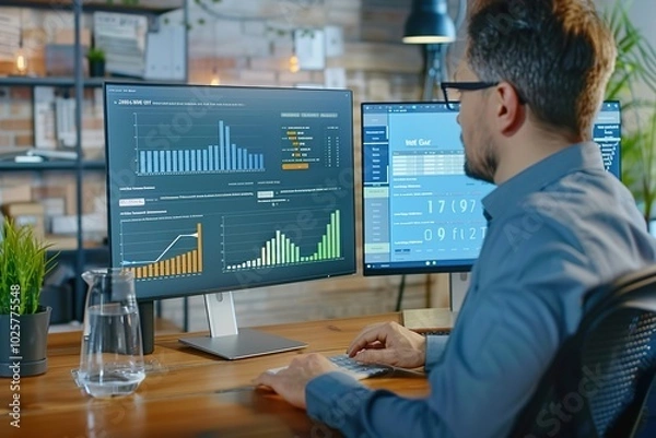 Fototapeta A marketer optimizing a website for SEO on a large desktop monitor, with keyword analysis, content suggestions, and performance metrics visible.