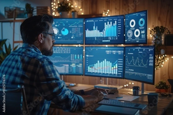 Fototapeta A marketer reviewing the performance of a video marketing campaign on a multi-screen setup, with graphs, viewer retention data, and comments.