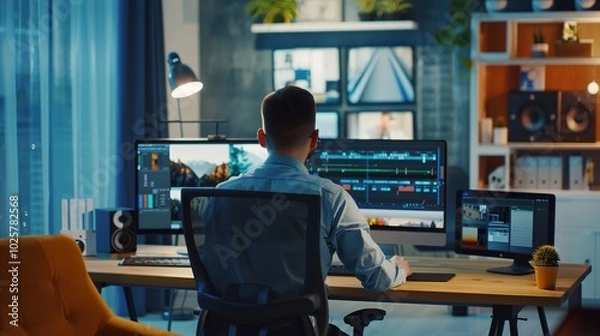 Fototapeta A modern office setup with a content marketer editing a video for social media, with professional editing software open on a high-resolution monitor.