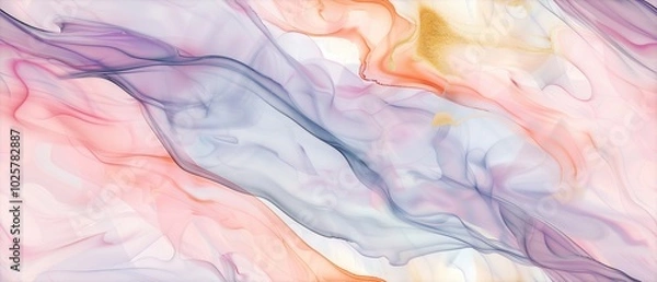 Fototapeta An abstract background featuring a swirling marble texture in peach, violet, and gold colors, perfect for a modern luxury design backdrop for banners, wallpapers, or covers.