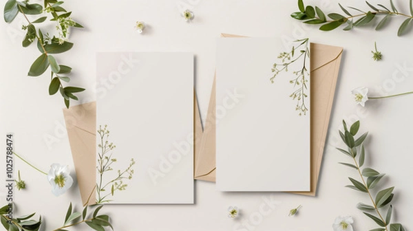 Fototapeta A mockup set of two wedding invitation cards, front and back sides, featuring a minimalist design with stylish decorative details