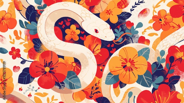 Fototapeta ヘビと花の年賀状素材