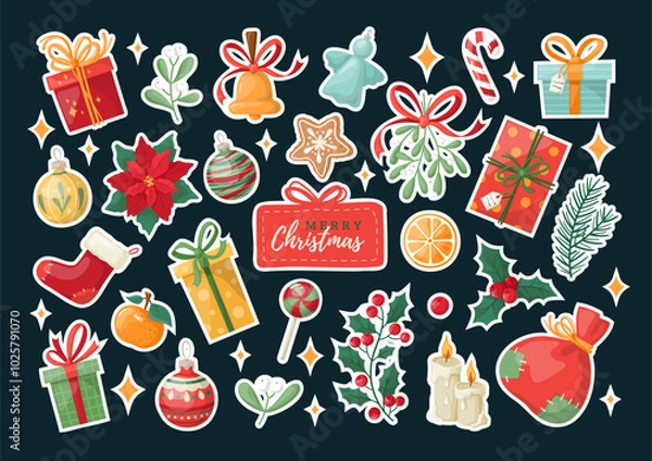 Obraz Big cozy collection of Christmas, New Year and winter items. Festive symbols and design elements. Hand-drawn style sticker pack on a dark blue background with a white frame.