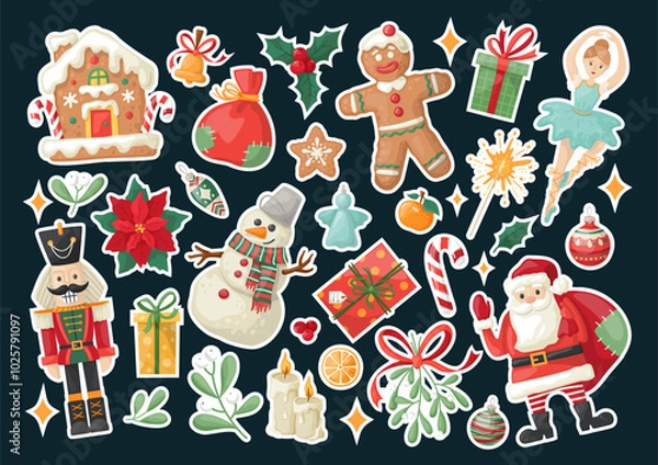 Obraz Big Christmas set of festive symbols and design elements. Christmas vector characters. Hand-drawn style sticker pack on a dark blue background with a white frame.