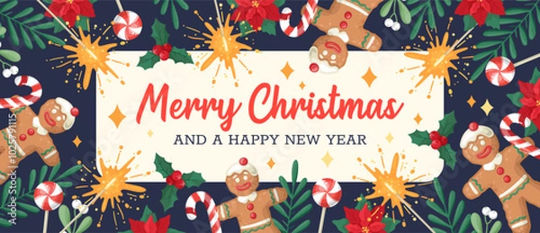 Fototapeta Christmas and New Year banner. Vector design template on a dark blue background with gingerbread, sweets, festive symbols and design elements. Hand-drawn flat cartoon style.