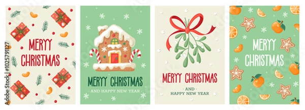 Fototapeta Set of Christmas greeting cards with gingerbread house, mistletoe with bow, mandarin, gift boxes and snowflakes.