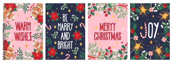Obraz Set of Christmas and New Year greeting cards with drawn decorative elements on dark blue and pink background.
