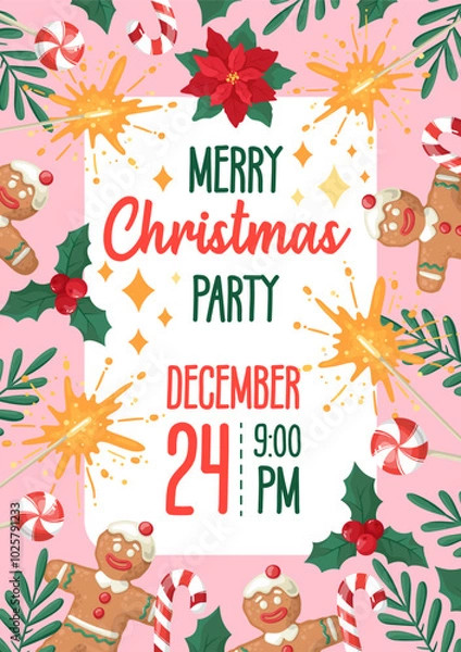 Obraz Invitation card for a Christmas party. Vector design template on a pink background with gingerbread, sweets, festive symbols and design elements. Hand-drawn flat cartoon style.