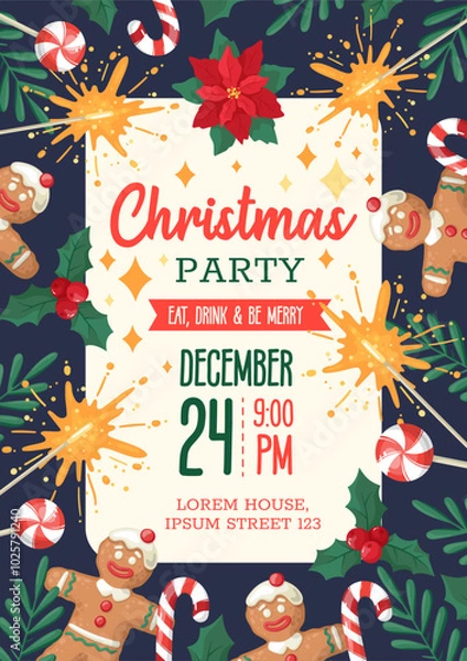 Fototapeta Invitation card for a Christmas party. Vector design template on a dark blue background with gingerbread, sweets, festive symbols and design elements. Hand-drawn flat cartoon style.
