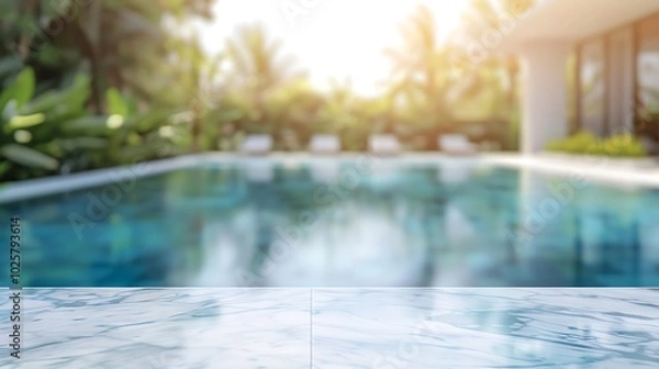 Fototapeta Wooden table in swimming pool with blurred background