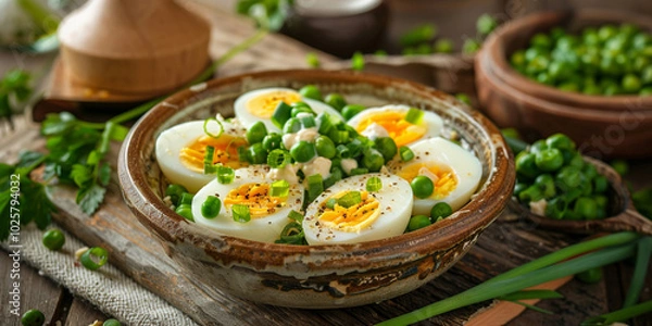 Fototapeta  Boiled Eggs Garnished With Green Herbs in a Rustic Bowl on a Wooden Table