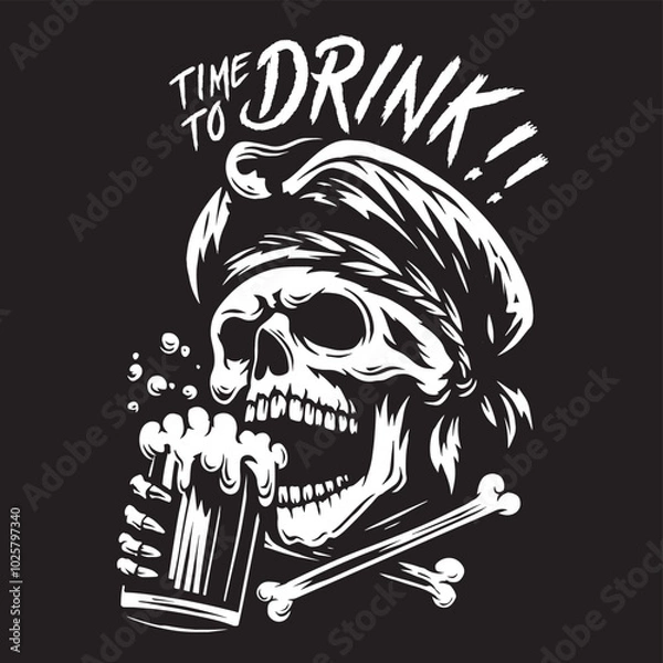 Fototapeta Vintage illustration of a skull drinking beer