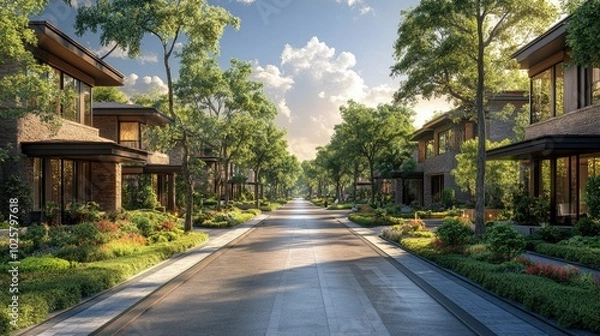 Obraz A meticulously designed urban street with wide sidewalks, bike lanes, and tree-lined paths, promoting sustainable transportation and community interaction.