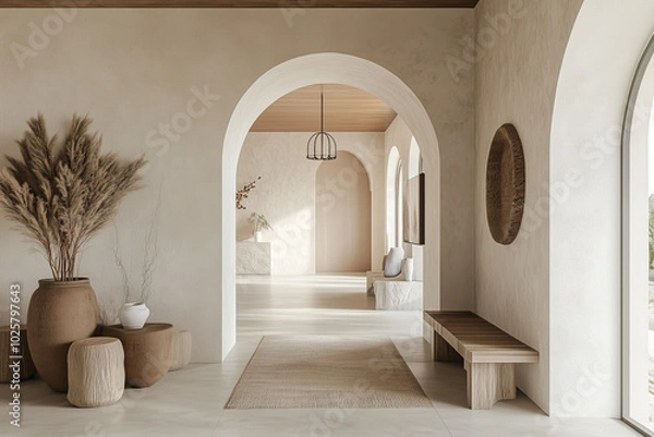 Obraz Boho Mediterranean Interior Design with Modern Arched Wall and Stylish Home Entryway