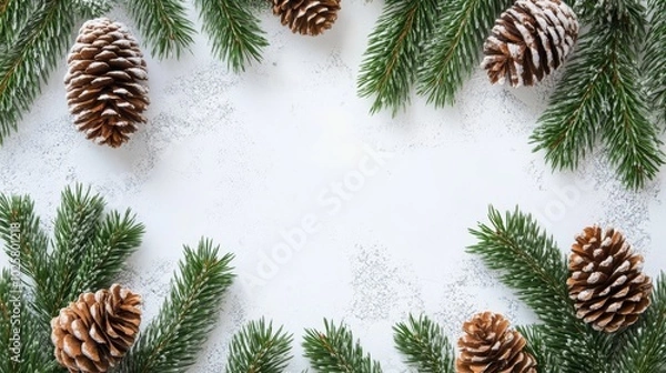 Fototapeta A festive arrangement of pine cones and evergreen branches on a snowy background.