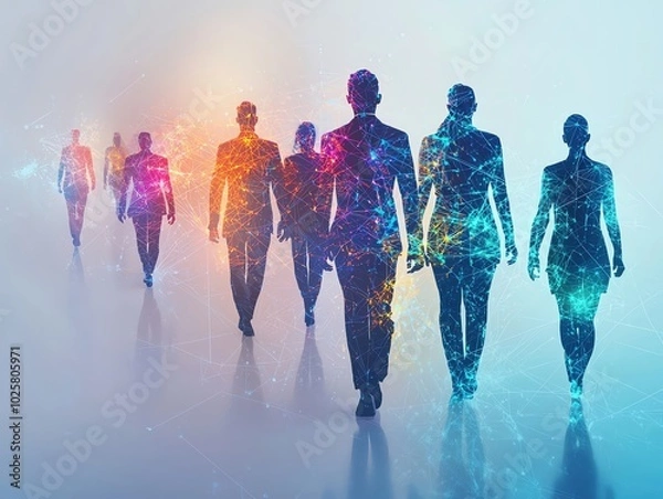 Fototapeta Future evolution change of human resources employee work labor recruitment to ai robot computer, Dynamic colors, copy space for text,