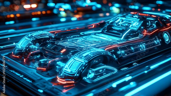 Fototapeta Futuristic Car Chassis with Glowing Blue and Red Lights on a Dark Background