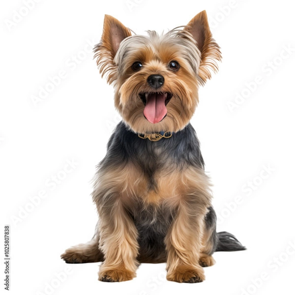 Fototapeta A cheerful Yorkshire Terrier poses happily against a clean transparent background in a studio setting, showcasing its playful personality