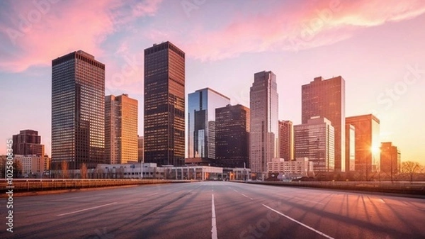Fototapeta Panoramic city skyline and buildings with empty asphalt road at sunset.