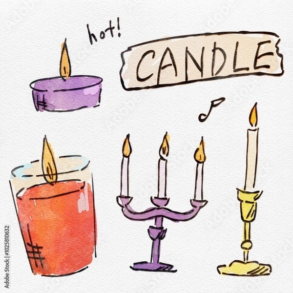 Obraz 秋を彩る、ろうそくのおしゃれな手描きイラストセット