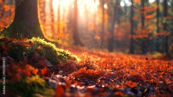 Fototapeta Beautiful autumn forest with vibrant orange leaves and soft sunlight shining through the trees, creating a peaceful atmosphere.