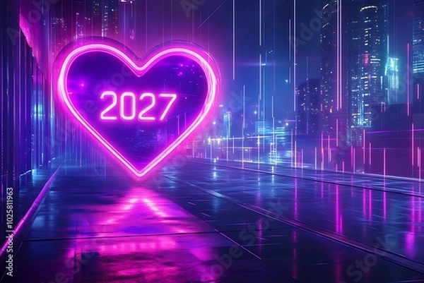 Fototapeta  Happy New Year neon background. Neon frame in heart form with shining effects for Christmas holiday greeting card, flyers or posters.