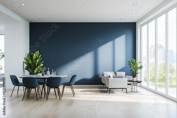 Fototapeta Modern Apartment Interior Design with Blue Wall and Minimalist Dining Room in 3D Rendering