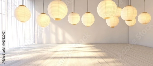 Fototapeta A modern, minimalist interior space featuring hanging lanterns that provide warm light, creating a serene and inviting atmosphere.
