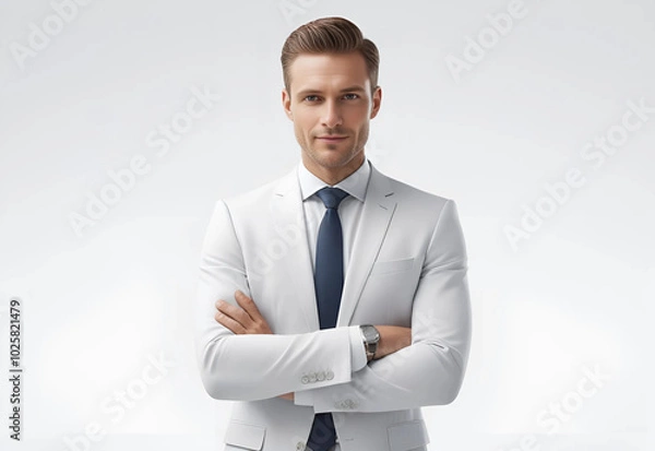 Fototapeta portrait of a businessman. This modern businessman exudes authority and ambition, posed in a stylish suit against a crisp white backdrop that enhances his profile.