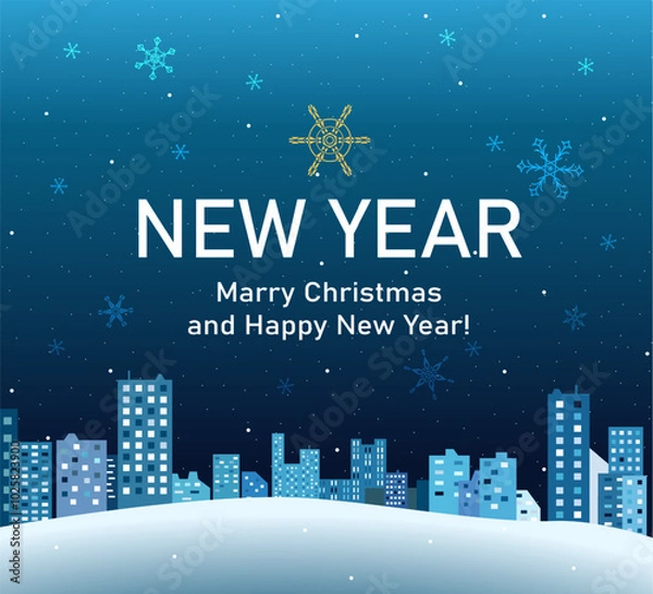 Fototapeta New year cItyscape on dark blue background with snowfall and big snowflakes (hand drawn, not AI)