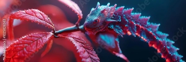 Fototapeta  A red and blue plant in focus against a black backdrop, its leaves adorned with water droplets