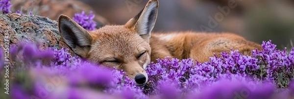 Fototapeta  A tight shot of a dog reclining in a floral field, its head atop a stone