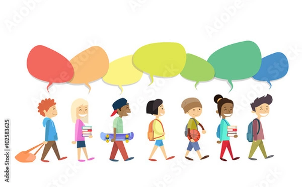 Fototapeta Children Group Walking Go With Colorful Chat Box Social Communication Isolated