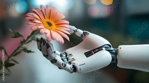 Obraz AI can help us learn and grow. Imagine a robot hand holding a flower, symbolizing the knowledge AI brings. This represents how AI is changing software development and online communication.
