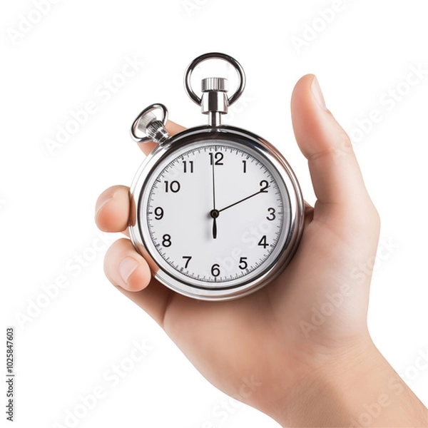 Obraz A person's hand holding a silver stopwatch with clear numbers against a bright background indicating precise timing