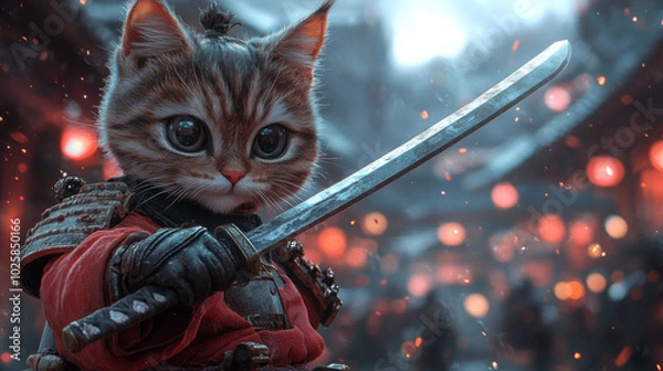 Fototapeta Cool Cat Samurai Warrior in Battle Pose with Katana