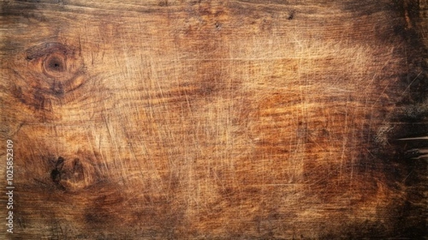 Fototapeta Weathered wooden kitchen desk, aged butcher block texture, rustic charm, detailed close-up of worn surface, evokes culinary tradition and homey atmosphere