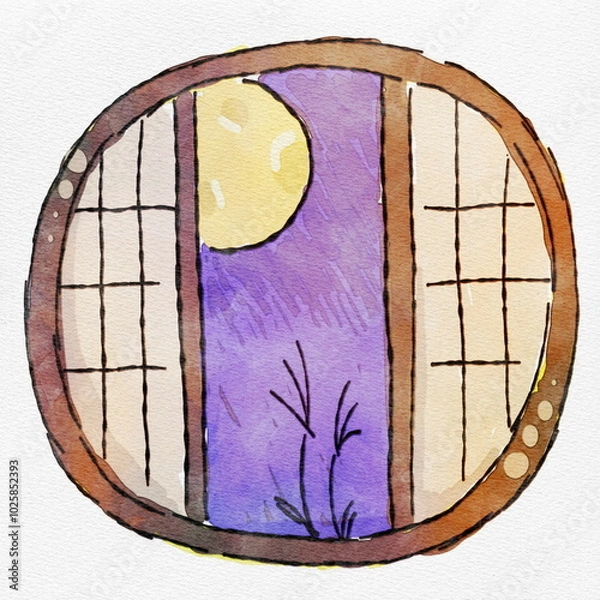 Obraz  水彩 月見の夜を彩る、窓からのお月見の夜空、手描きイラスト
